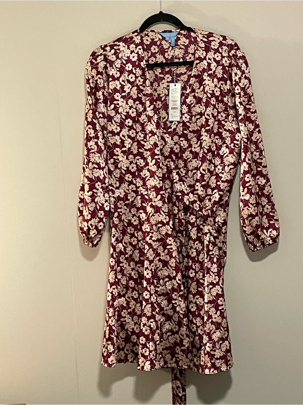 Floral Wrap Dress in Burgundy and Cream - Women's. Item # 11465